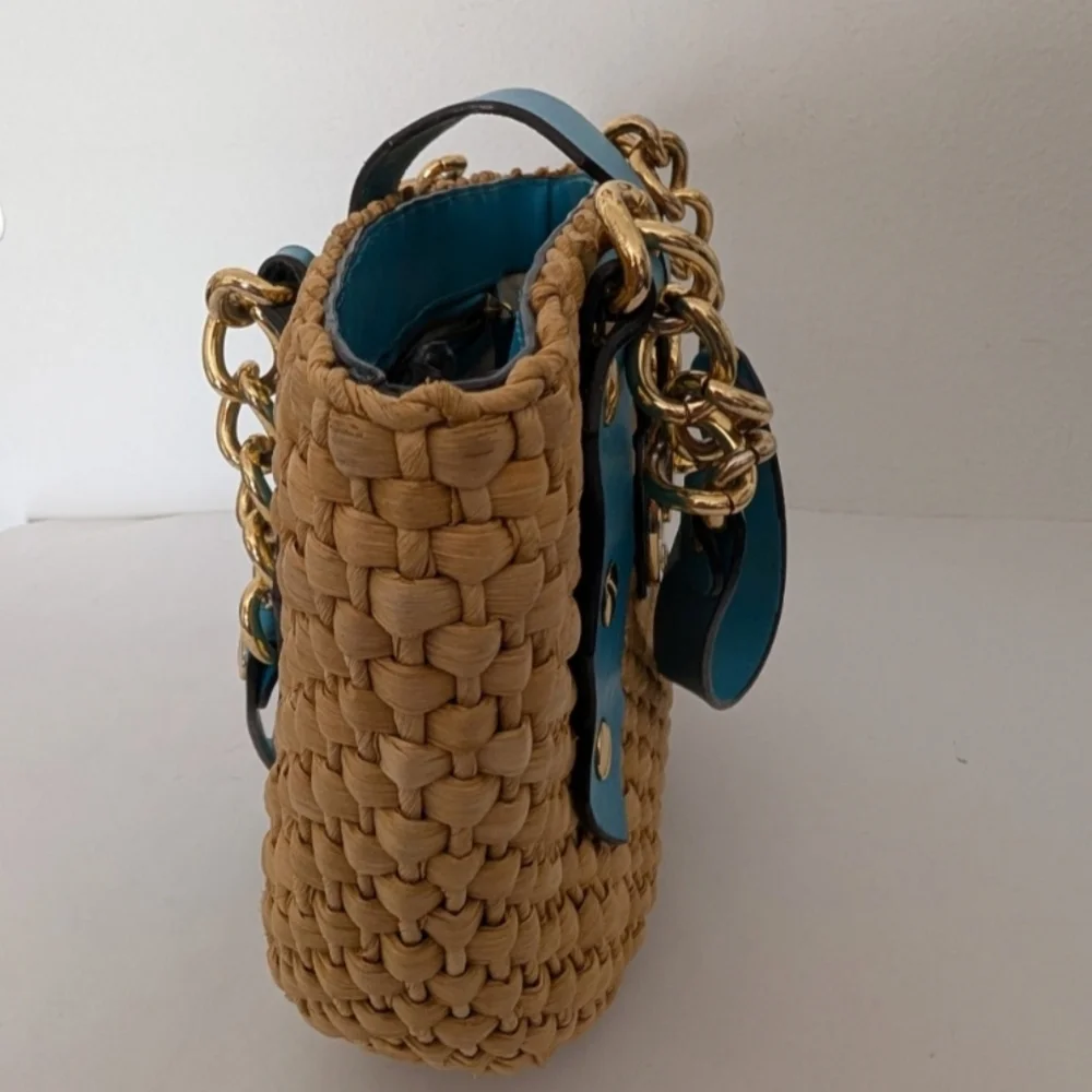 Michael Kors Santorini Straw Handbag Double Teal Leather Gold Chain Straps Rare - Picture 3 of 9